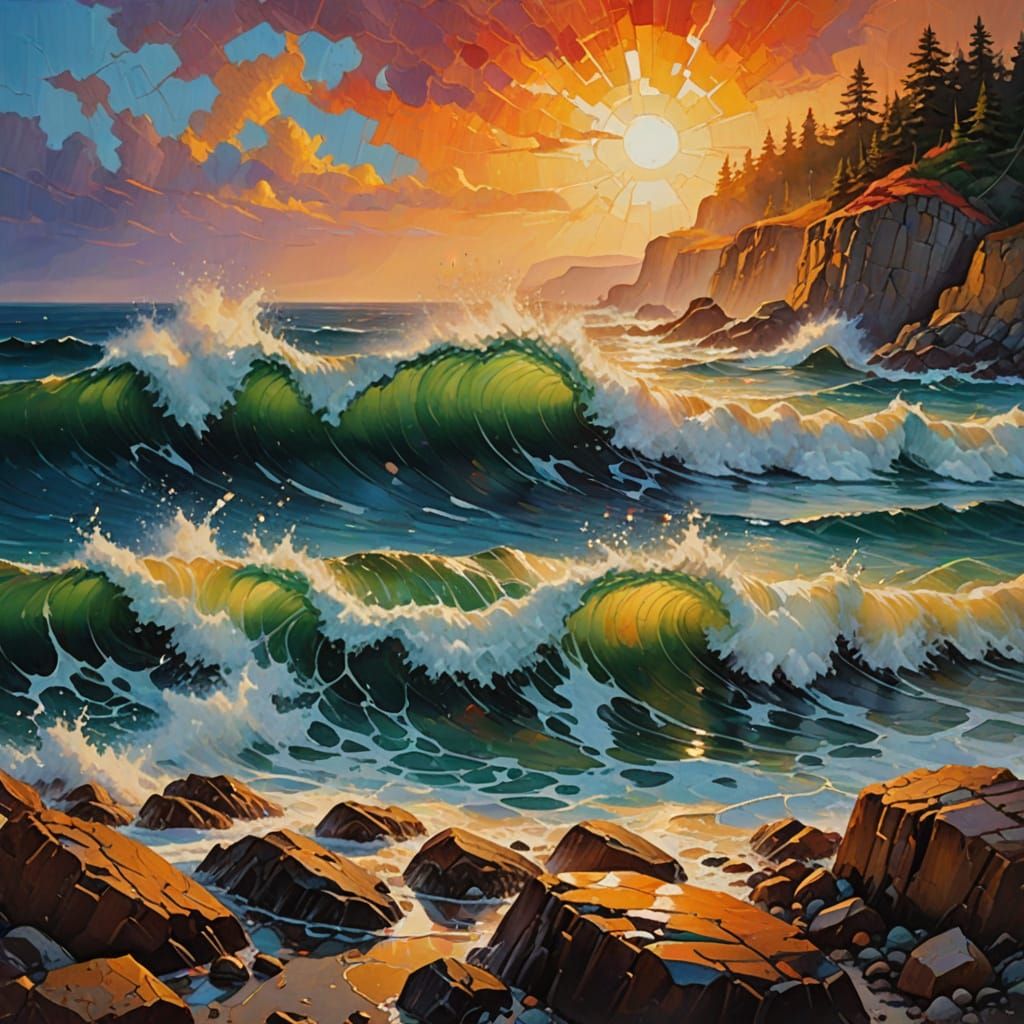 Vibrant Seascape Painting with Triadic Colors at Sunset