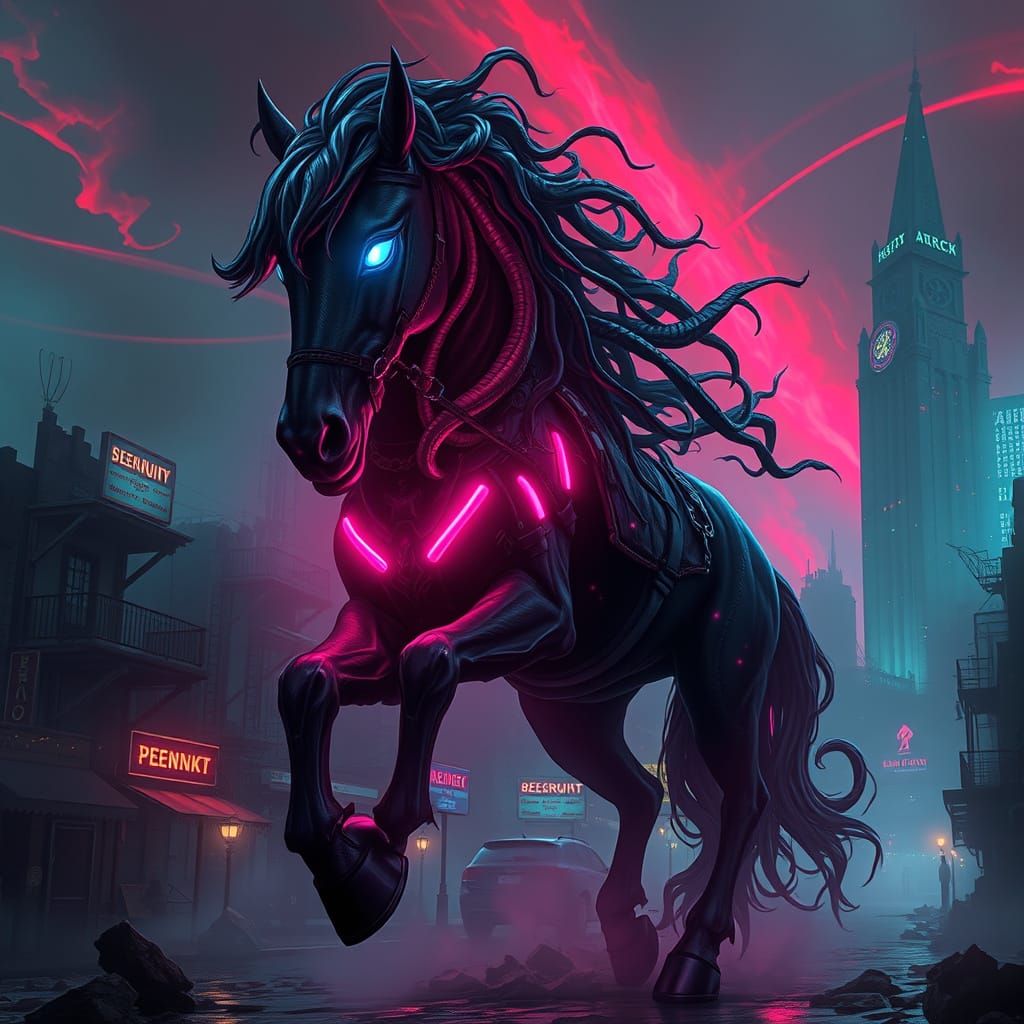 Cyberpunk Steed in a Dark, Gothic Haze