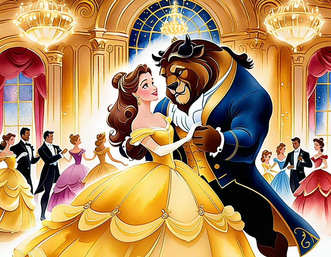 Belle and Beast Dance in Watercolor Ballroom