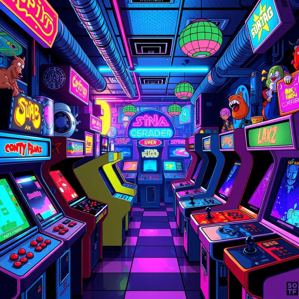 Vibrant Arcade Scene in Retro Futuristic Style