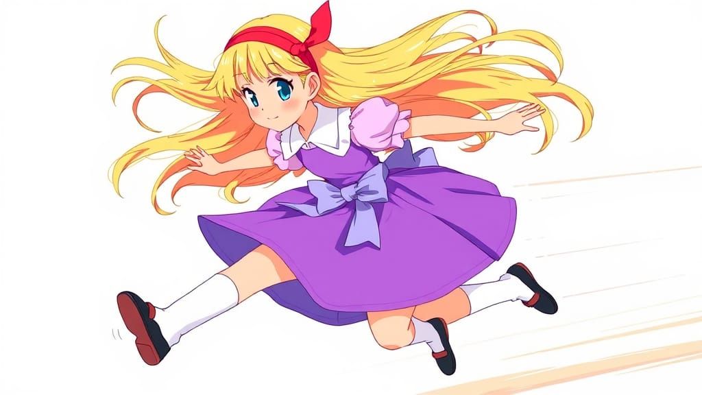 Anime Girl with Flowing Hair and Purple Dress
