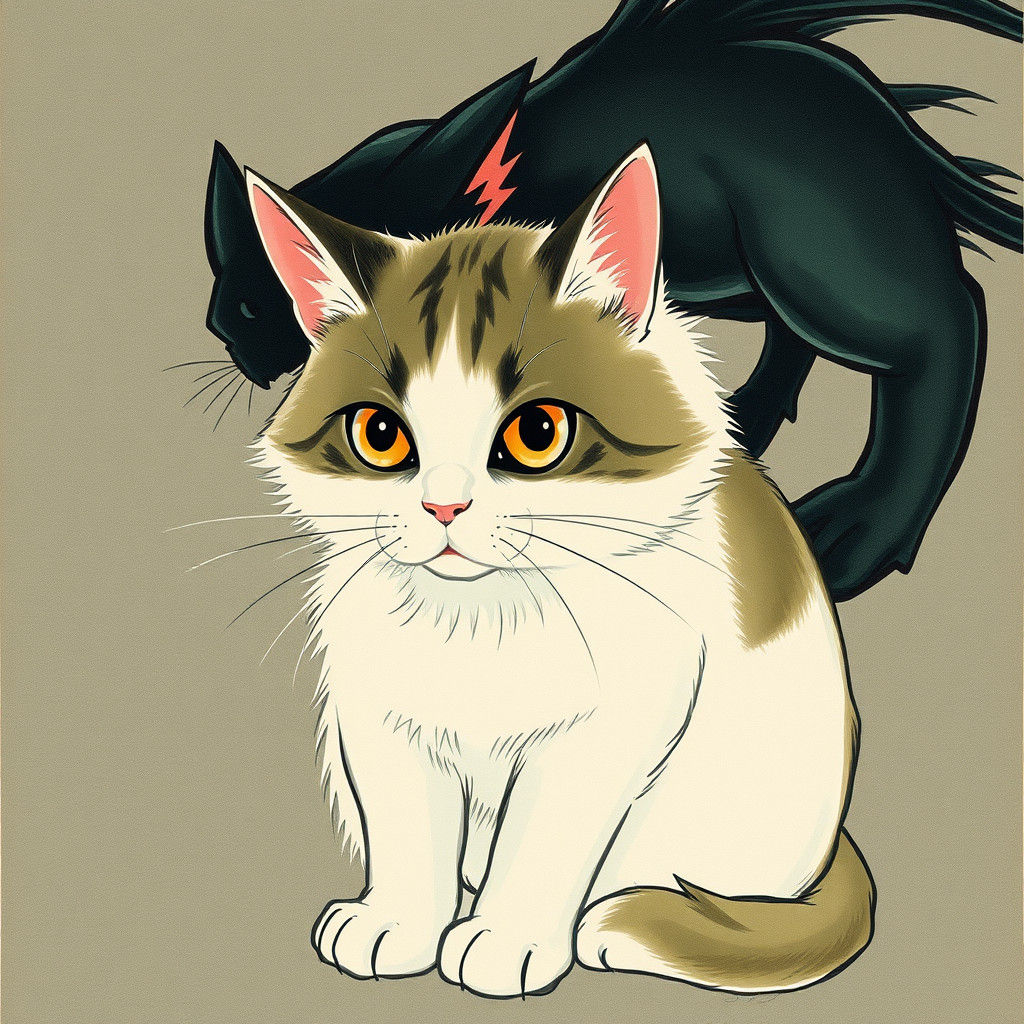 Cat and Monster in Japanese Woodblock Print Style