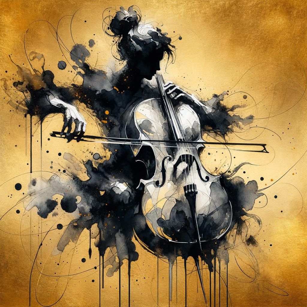 Abstract Watercolor Cellist on Golden Canvas