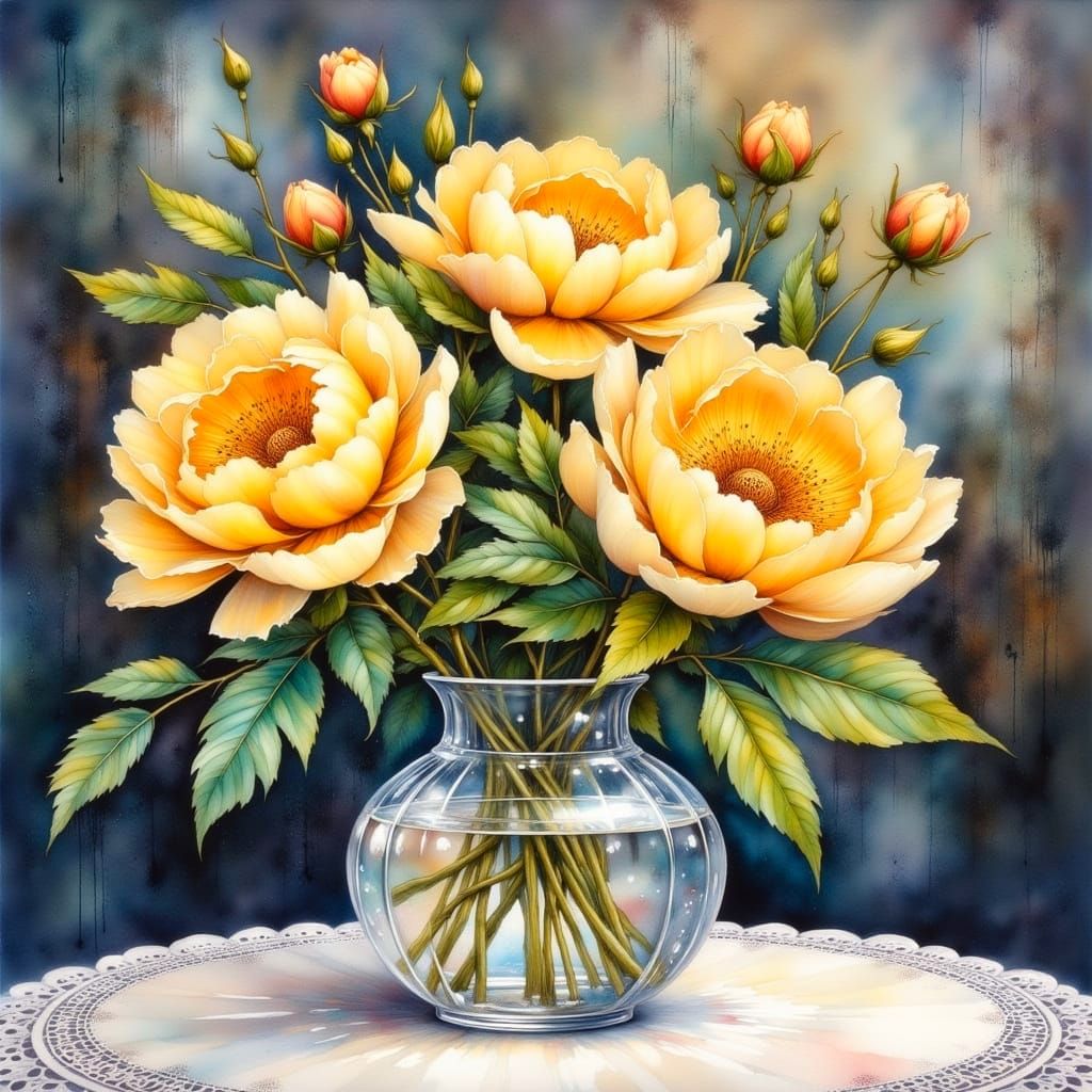 Whimsical Boho Watercolor Peonies in Crystal Vase