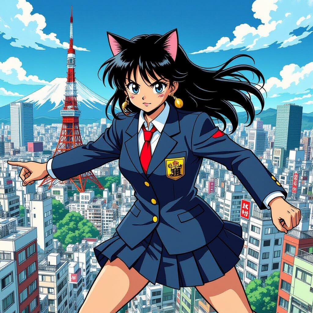 Manga Cat in Tokyo Cityscape, Manga Style