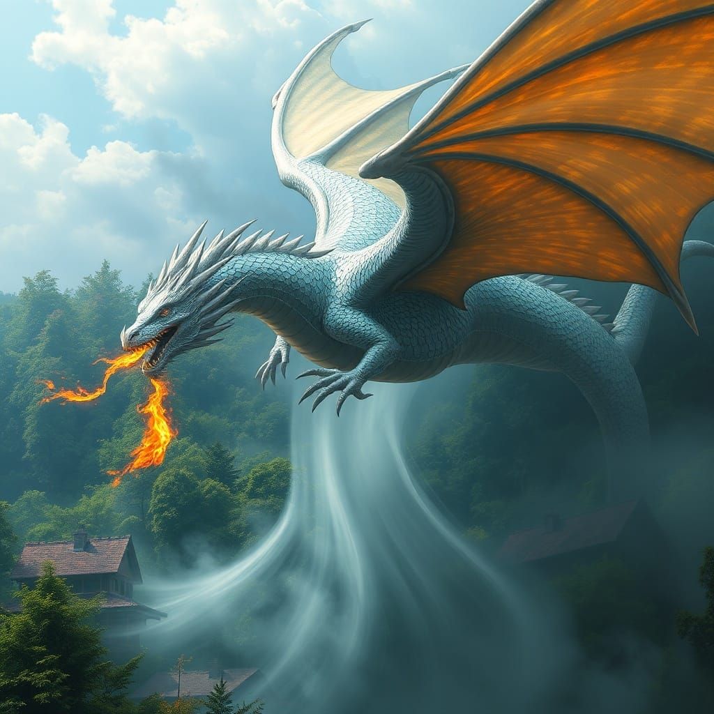 Majestic Silver Dragon Soaring Over Lush Forest