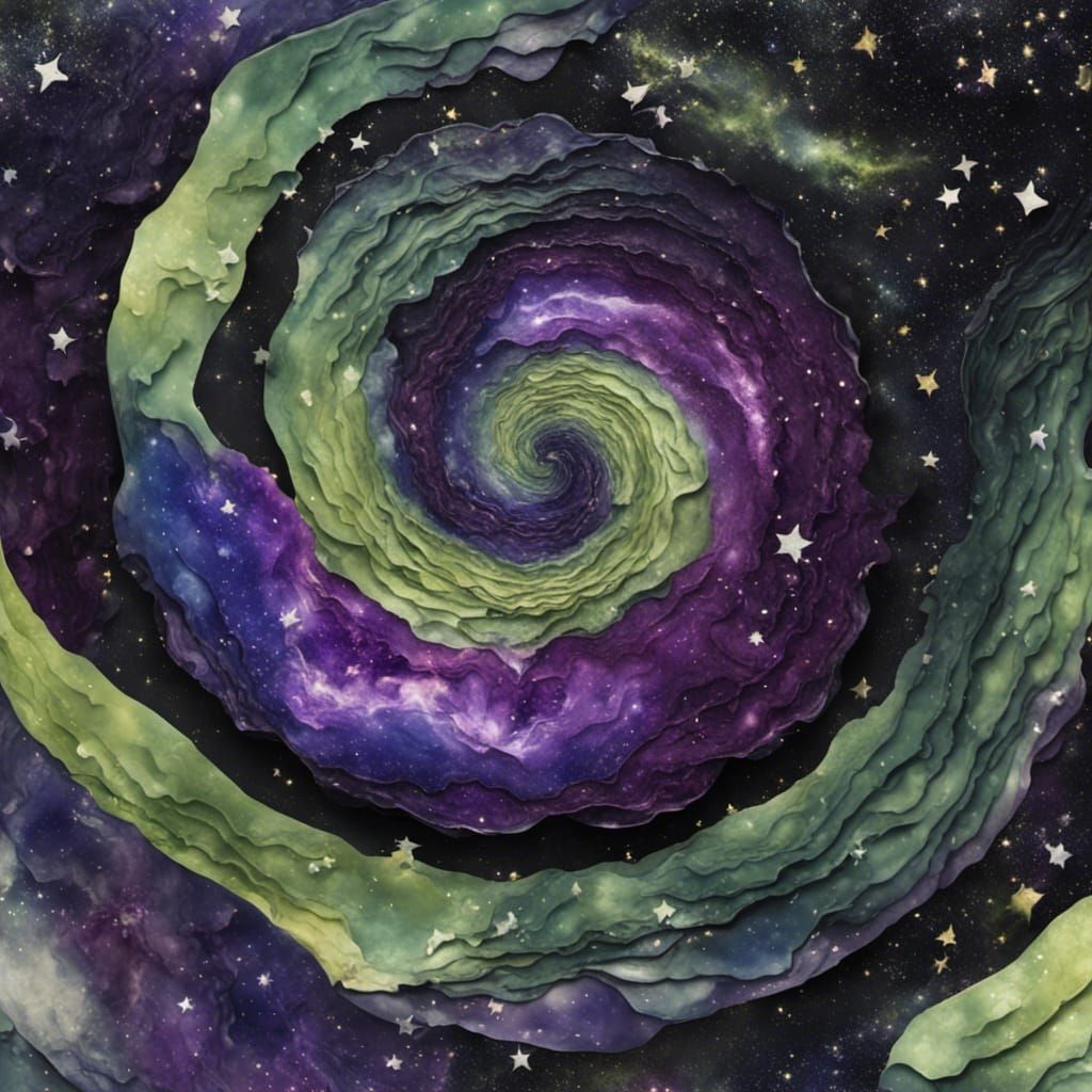 Realistic Spiraling 3D Nebula, Ripped Paper Collage, Purple, Olive Green Crackle Agate, Black, Midnight Blue Starry Nigh...