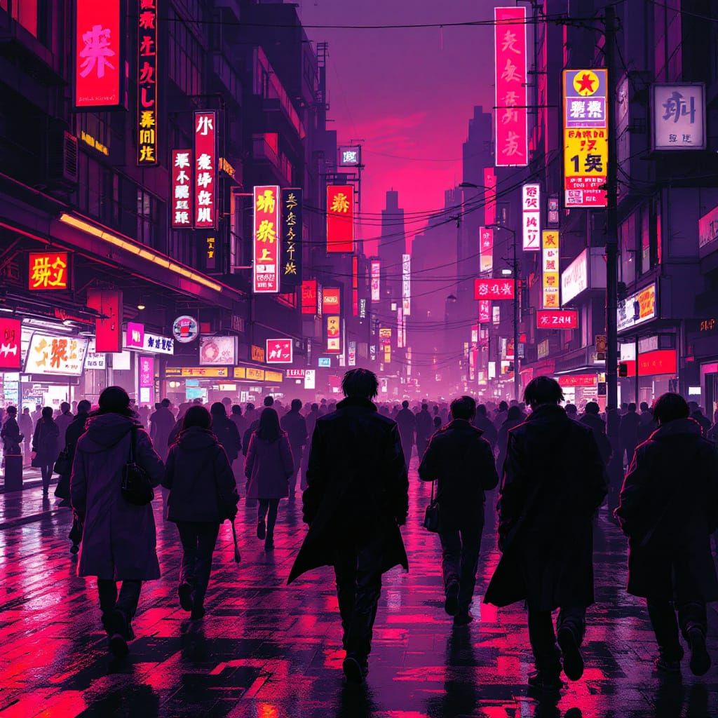 a cyberpunk city street with neon lights and red signs everywhere
