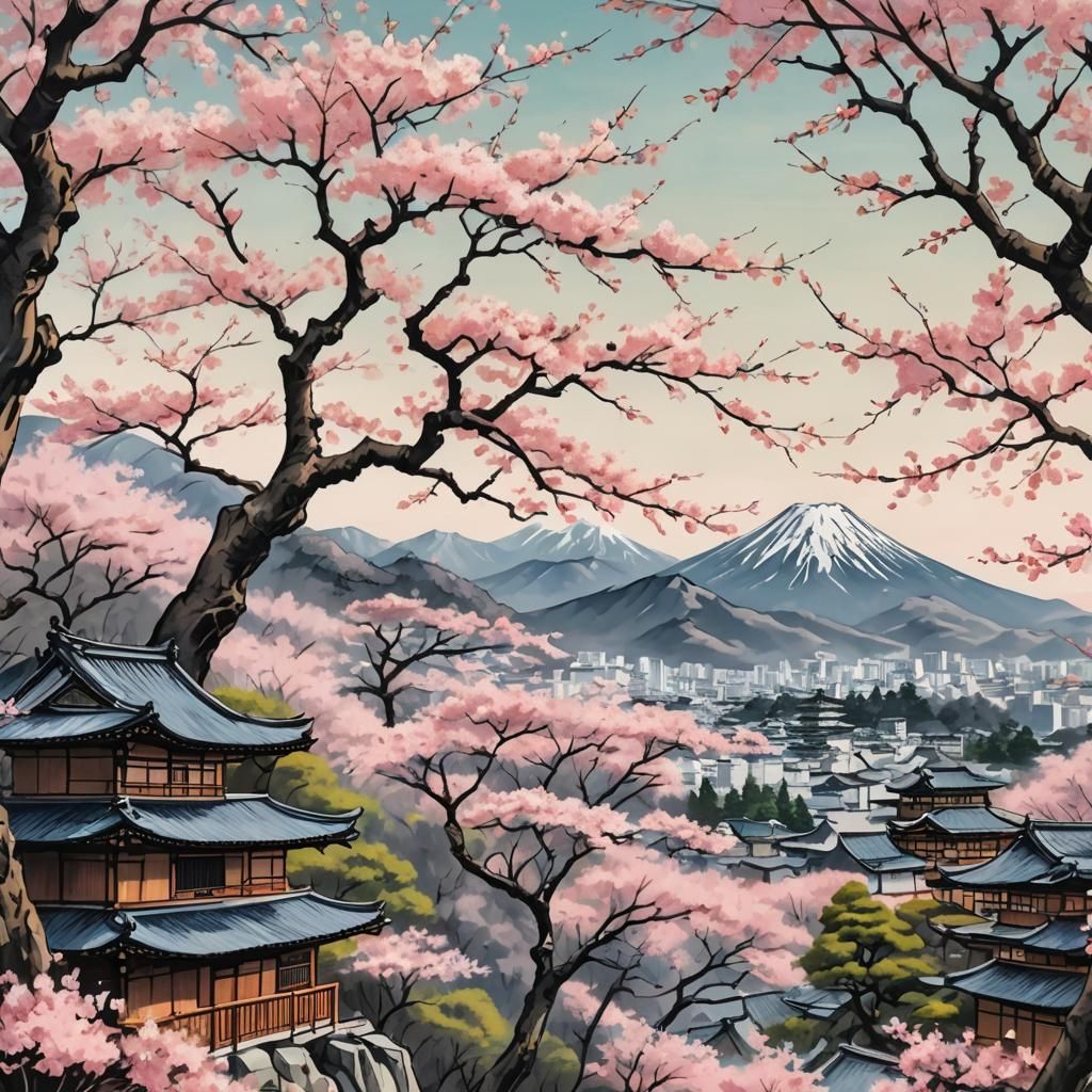 Sakura Tree in Mountain Landscape Sketch