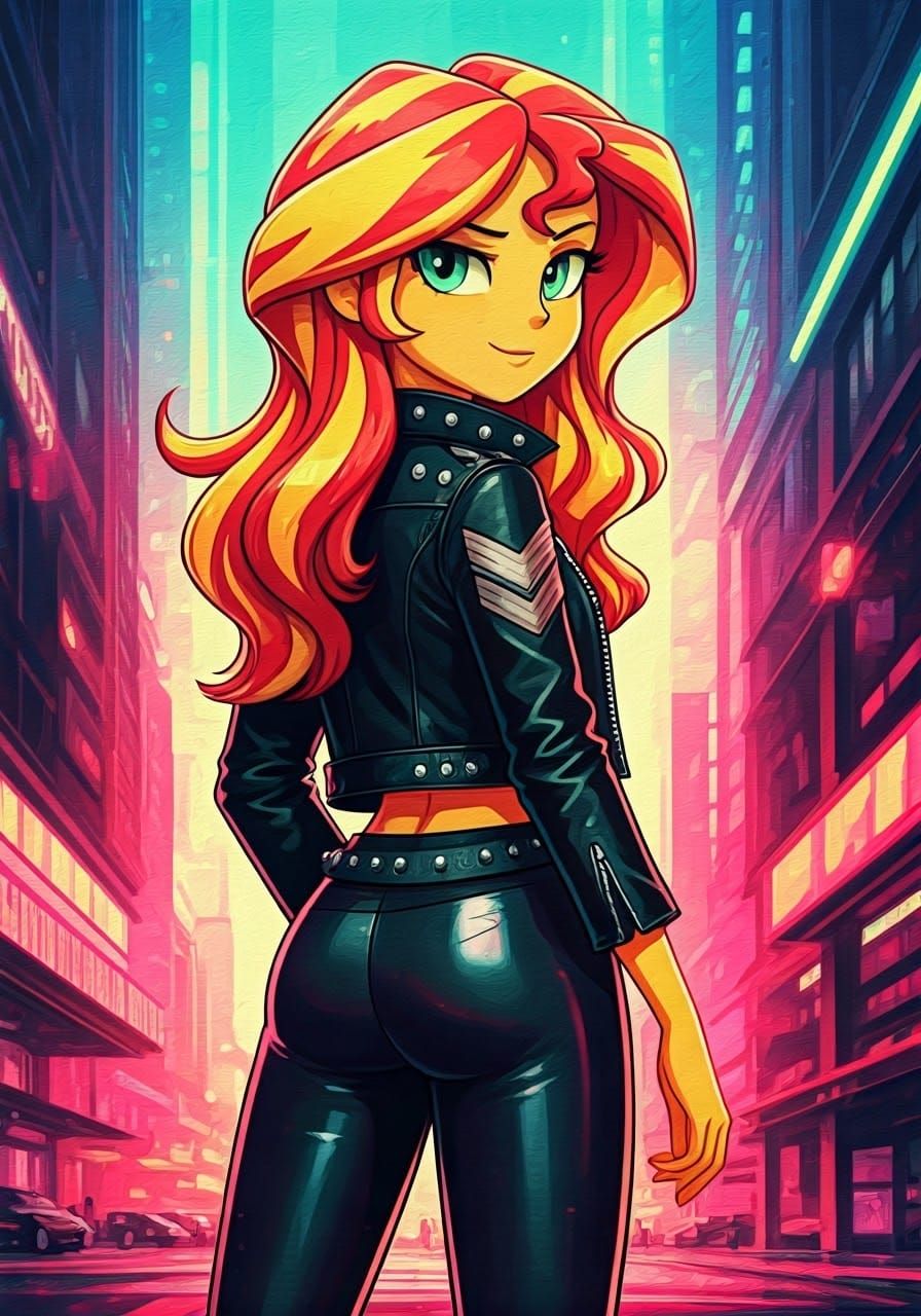 Sunset Shimmer in Leather, Urbanpunk Neo-Expressionism