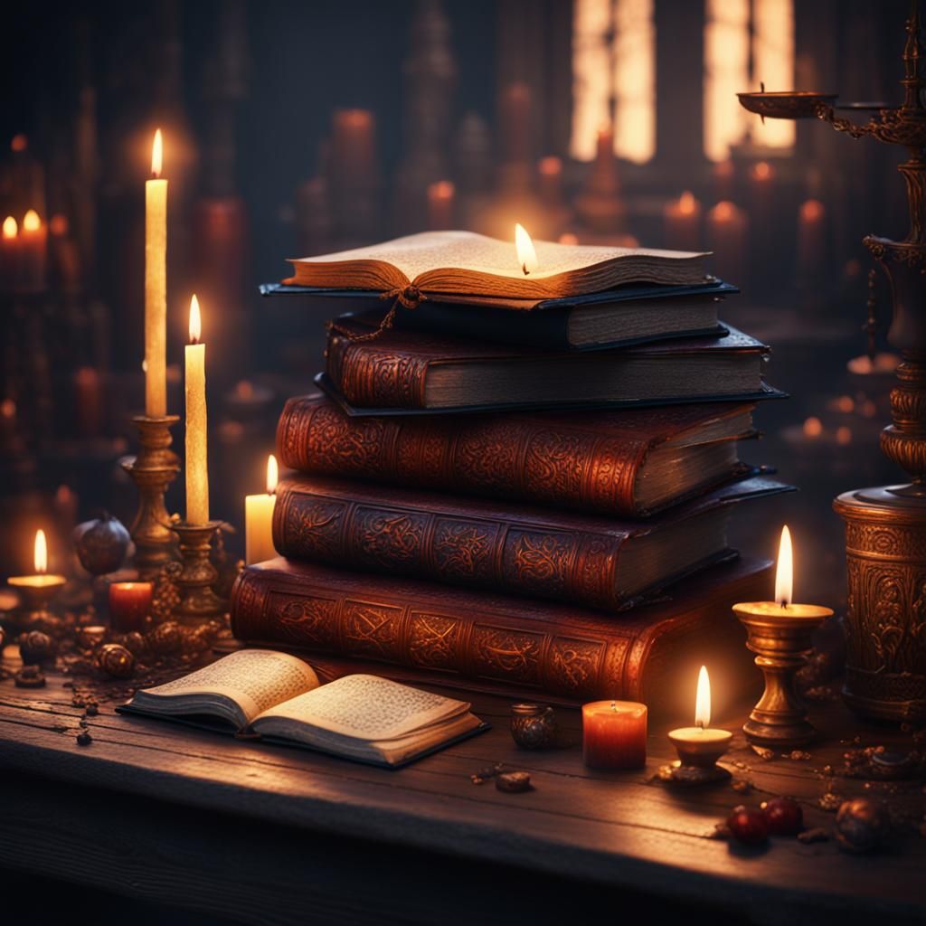 Witchcraft Spell Books with Candles: Detailed Matte Painting