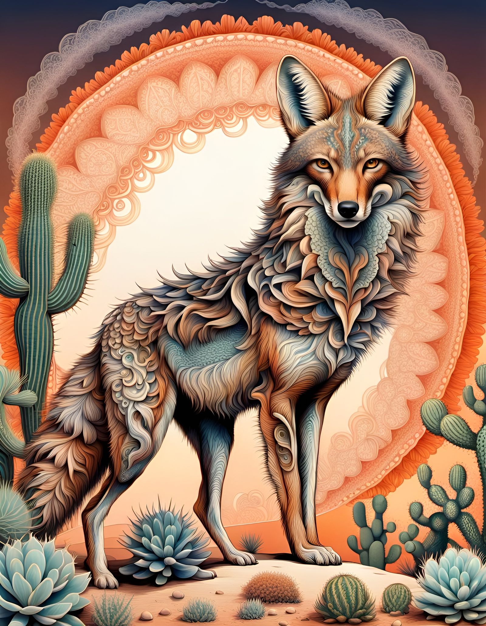 Ornate Coyote in Desert Landscape, Haeckel Style