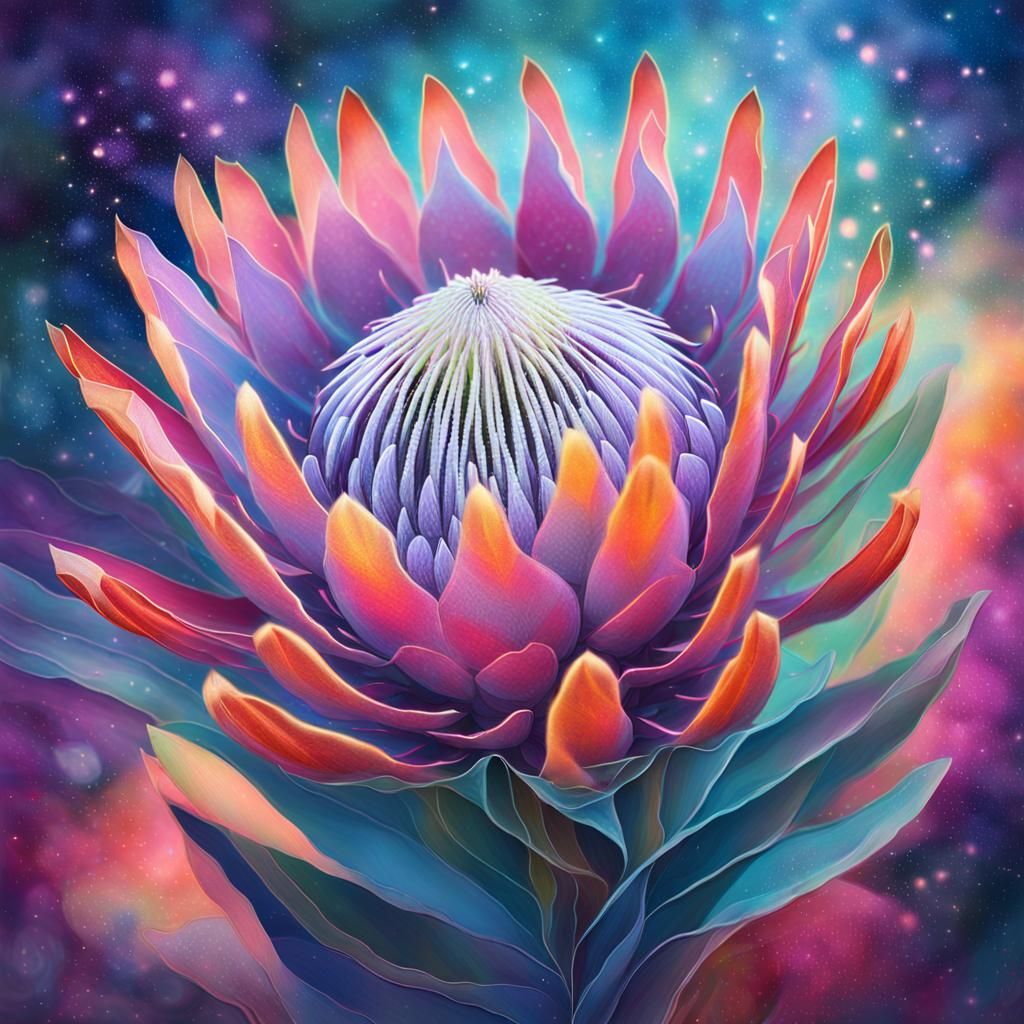 Glowing King Protea in Cosmic Surrealism Style