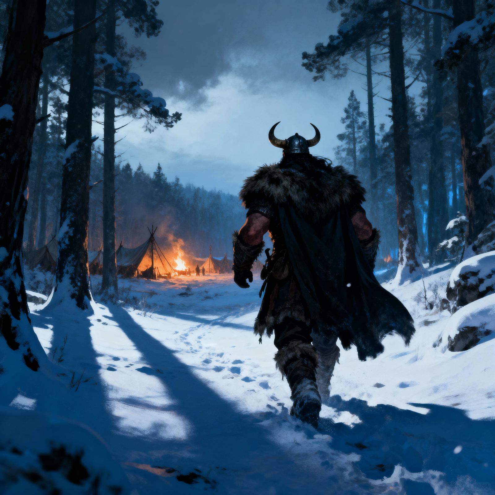 Warrior's Journey Through Snowy Forest to Distant Camp