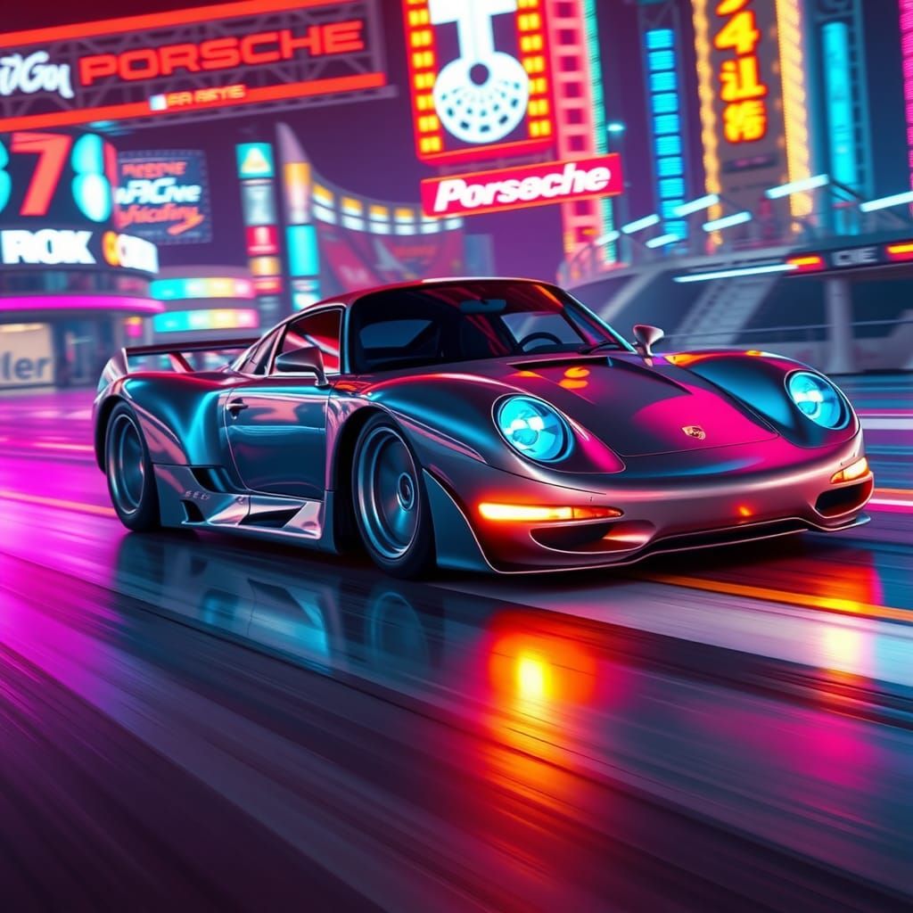Porsche 959 Supercar on Neon Racetrack
