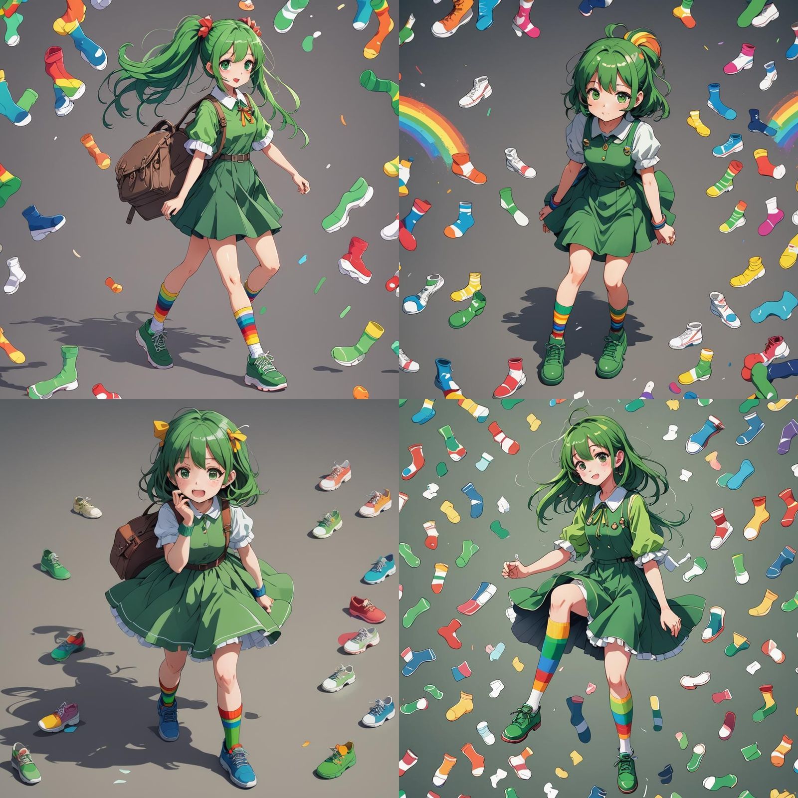 TIny Cute Woman With Green Dress and Rainbow Socks and shoes