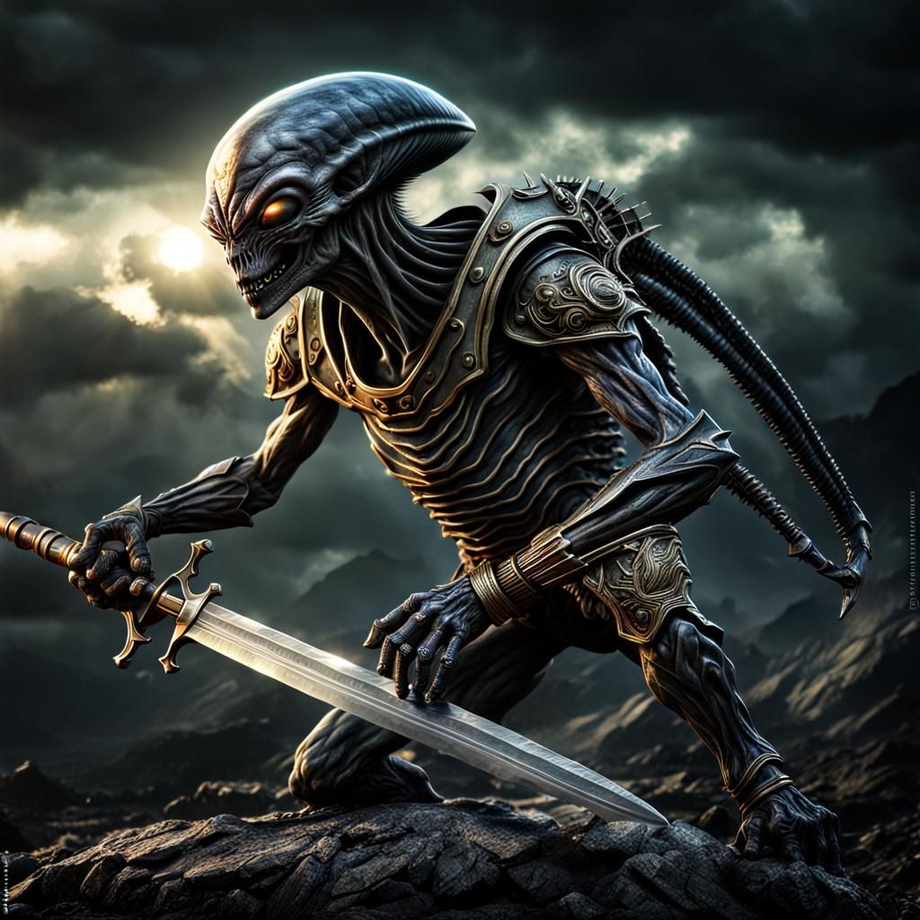 Hyperrealistic Alien Warrior with Sword