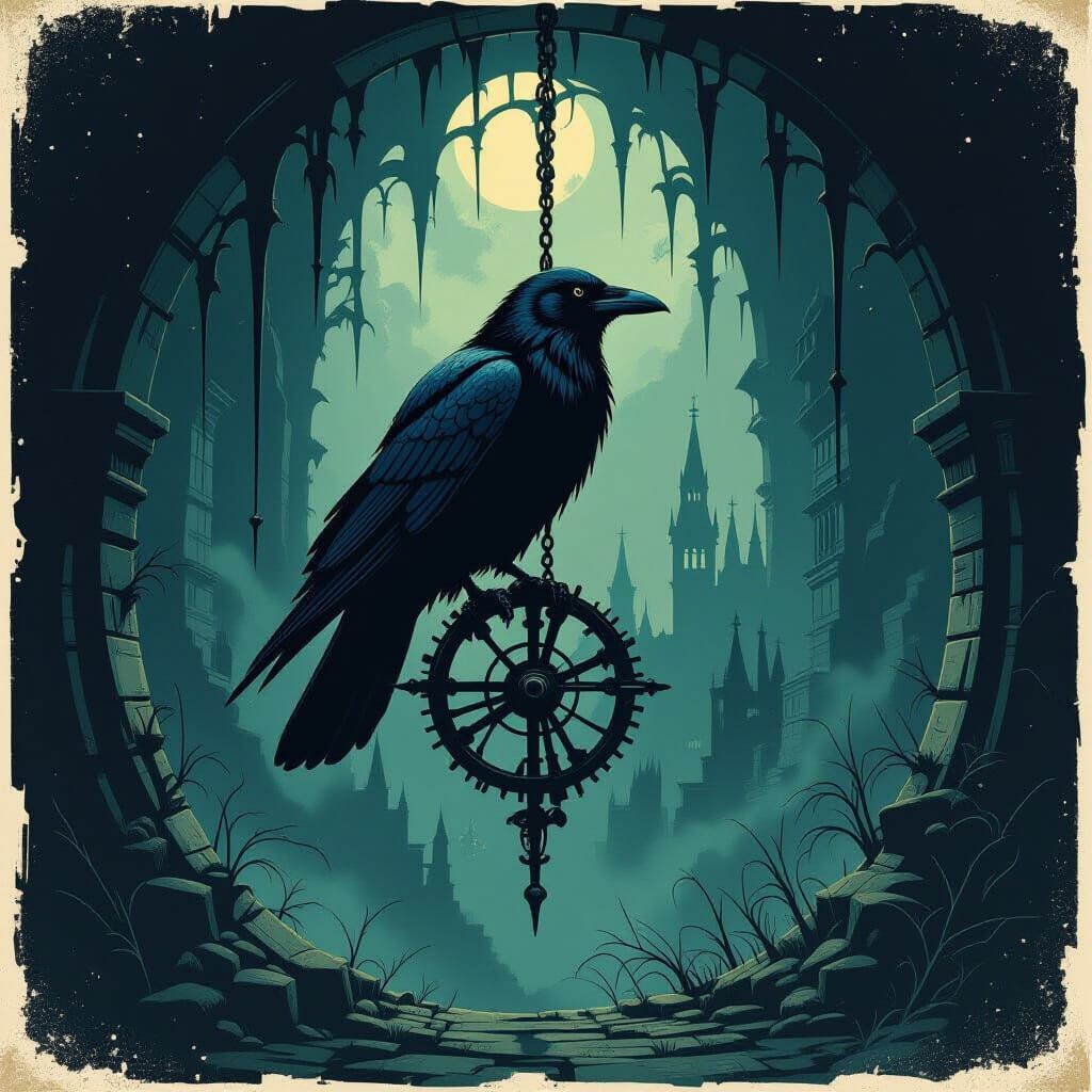 Raven on Clockwork Pendulum in Gothic Shadows