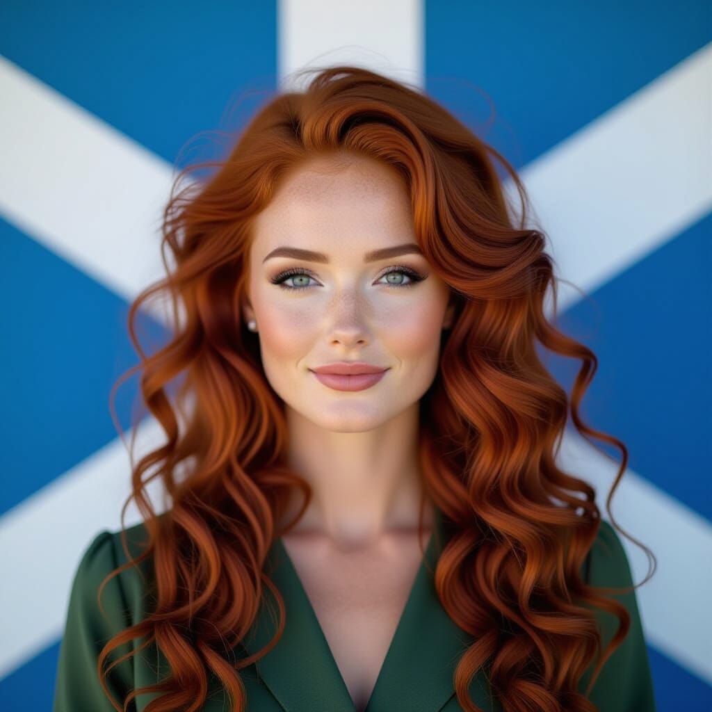 Beautiful Scotland Woman with Long Red Curly Hair
