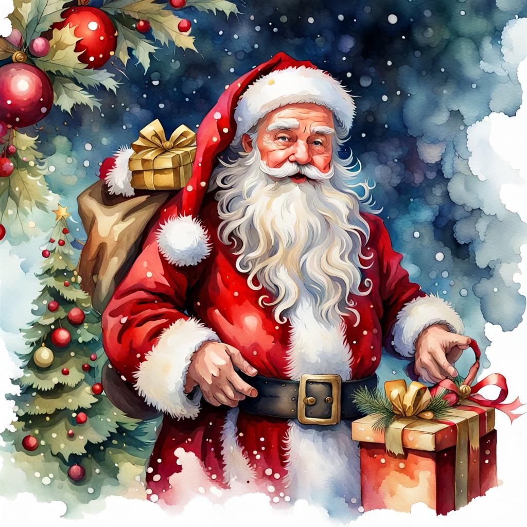 Detailed Watercolor Santa Claus Christmas Graphic