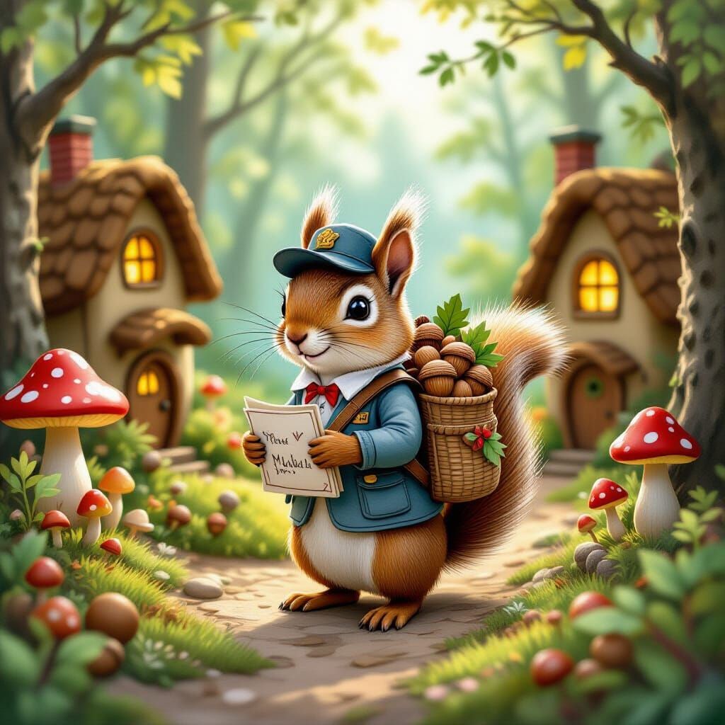 Squirrel Postman in a Miniature Forest Village