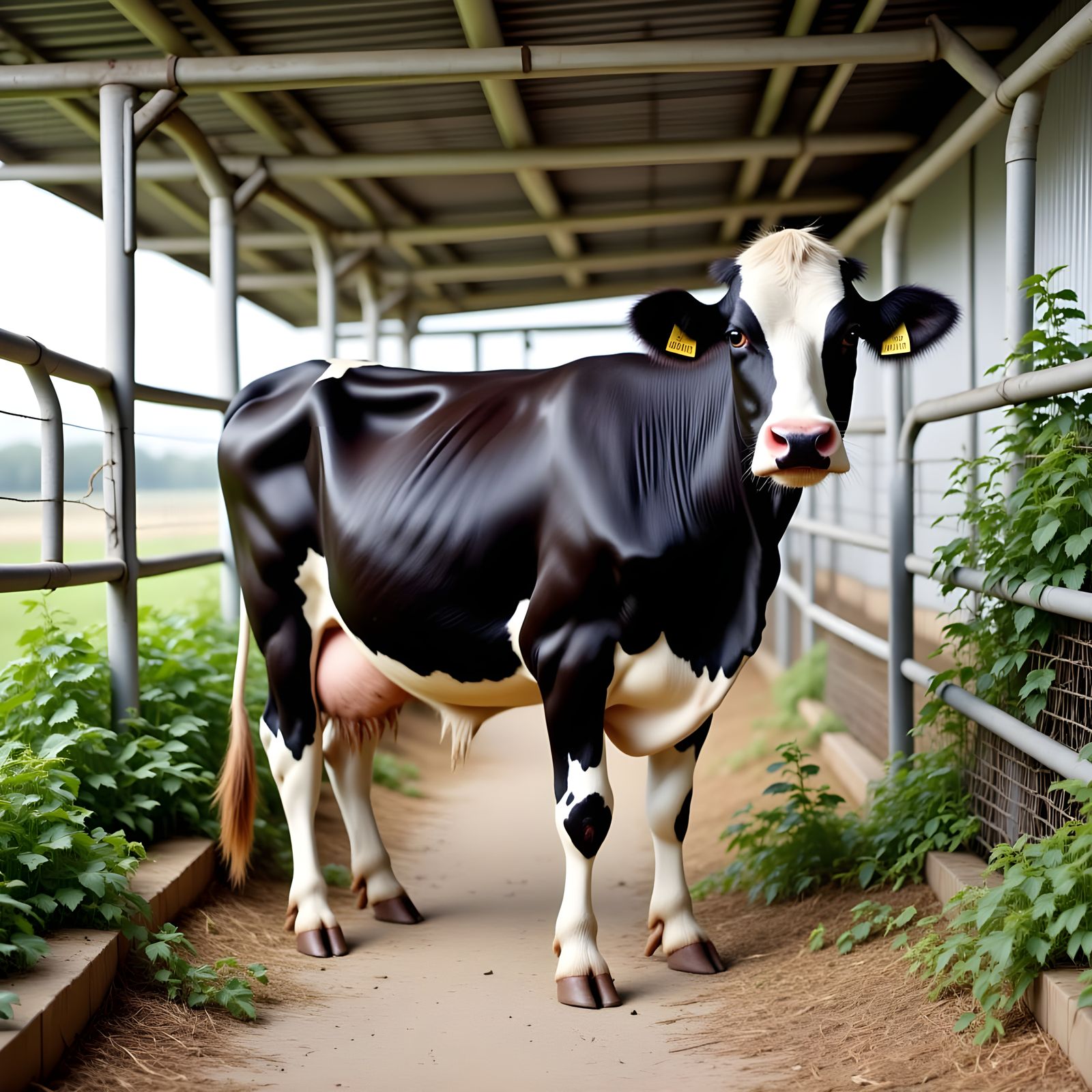 Mature Cow in Modern Farm Setting, Rendered in Antique Water...