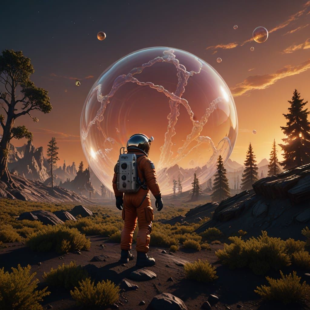 Astronaut and Drifting Forest Bubble in Space