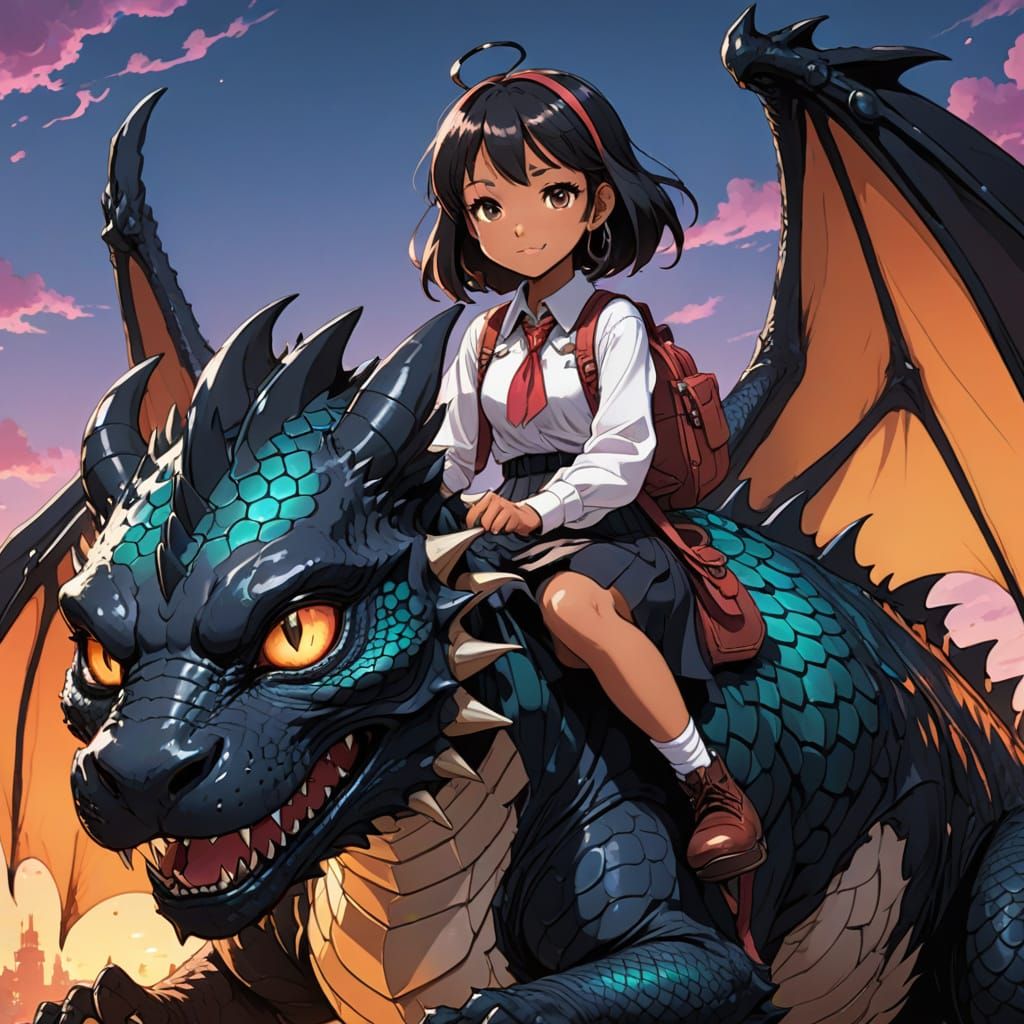 Anime School Girl Rides Dragon Cat in Manga Style