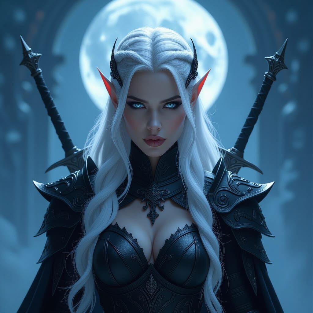 Dark Elf Warrior with Silver Eyes in Moonlight Mist