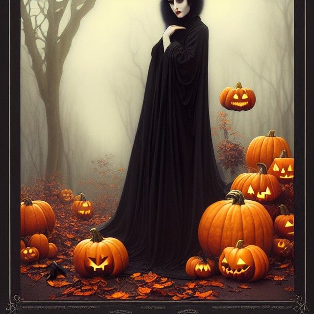 Halloween Queen with Black Cat in Art Nouveau Style