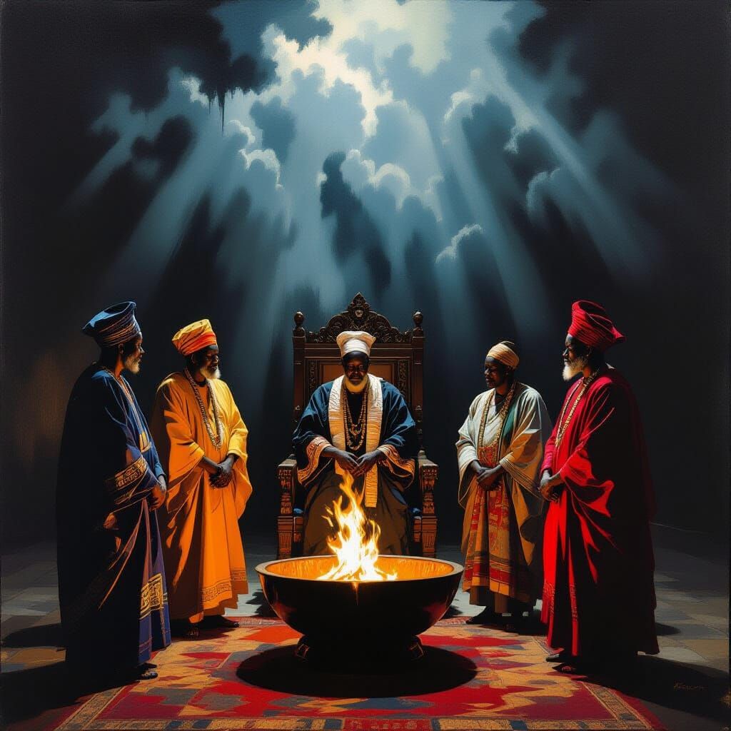 African Elders in Throne Room with Baroque Lighting