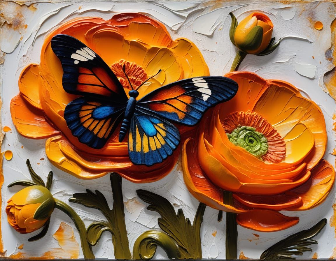 Impasto Butterfly Over Ranunculus Flowers