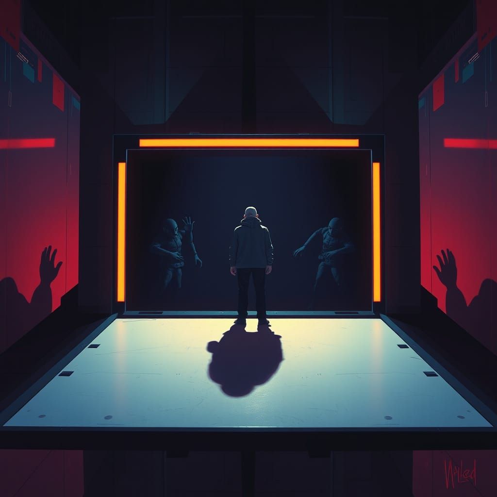 Person on Slide with Vivid Shadows, Neo-Noir Style