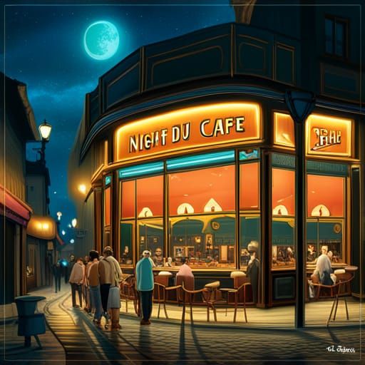 Night Café Terrace in Art Nouveau Anime Style