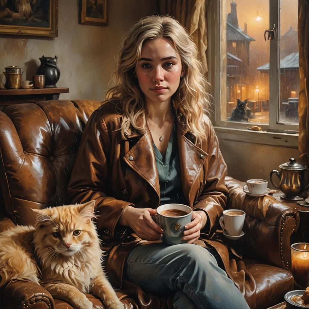 Cozy Moment: Woman with Pets, Impressionistic Oil Painting