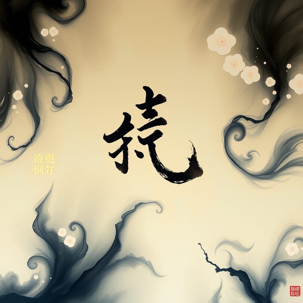 Ethereal Kanji Scroll in Airbrushed Oil Paint Style