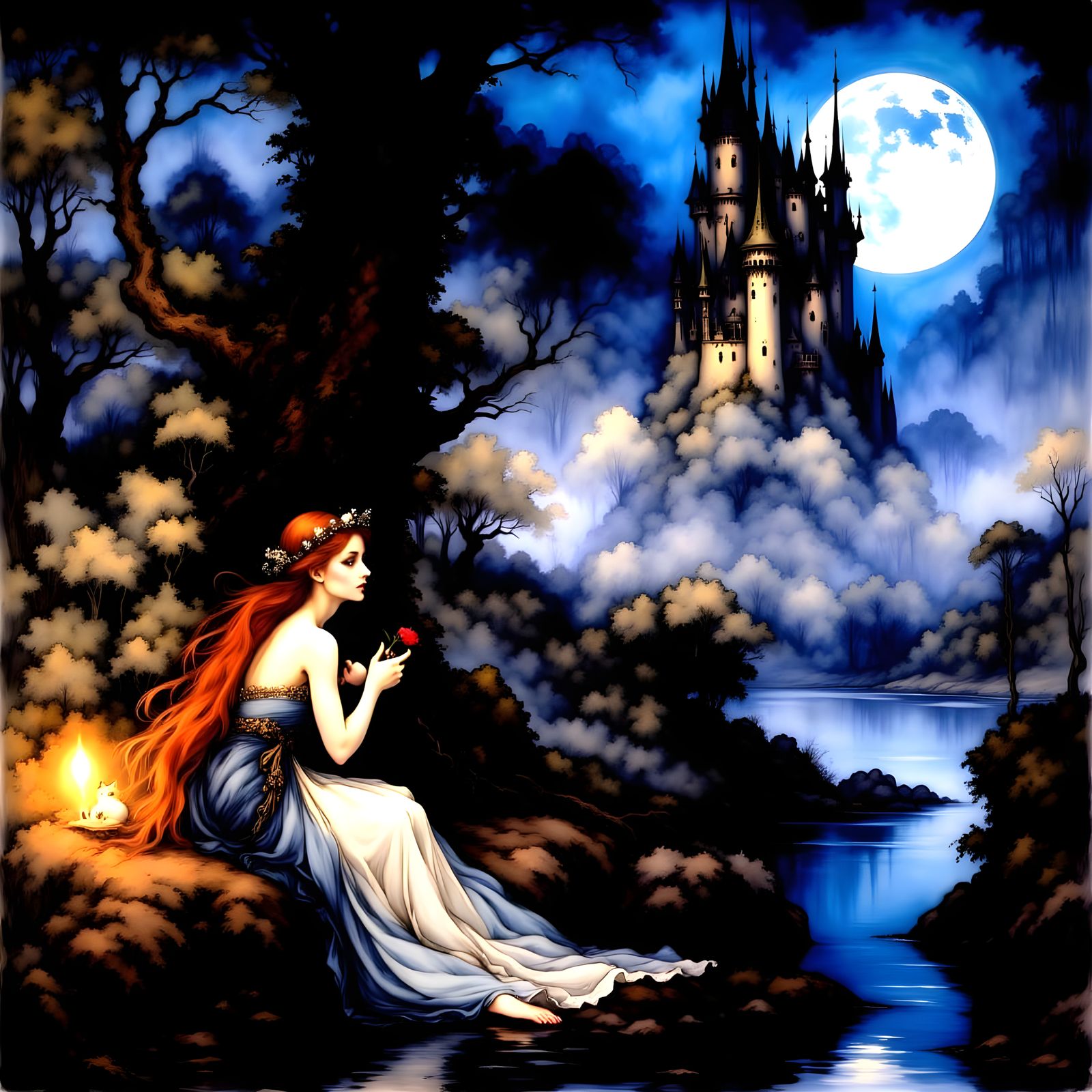 <lora:RckhamIntenseCol-Fb:1.0> Romantic portrait, fairy, cat, castle, encaustic,  Vamberk lace, sparkling stars,  by art...