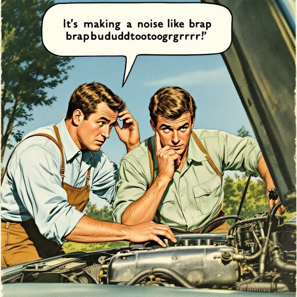Two Men Confused by Car Engine in Retro Ladybird Style