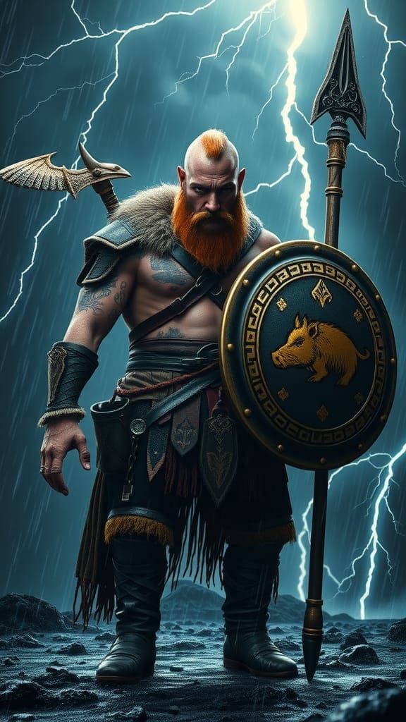 Viking Rhino Warrior in Storm with Tattoos
