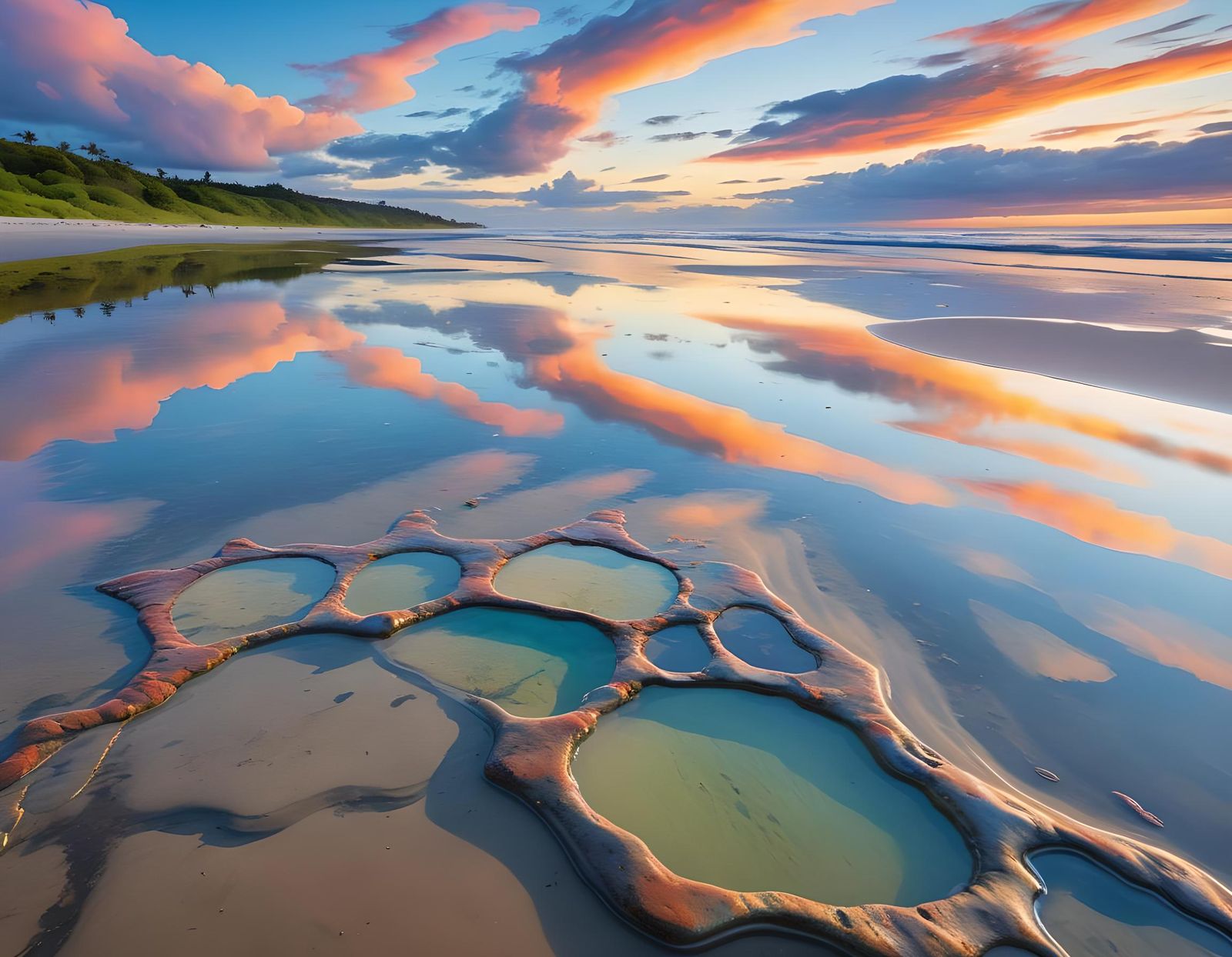 Serene Beach at Low Tide Reflection