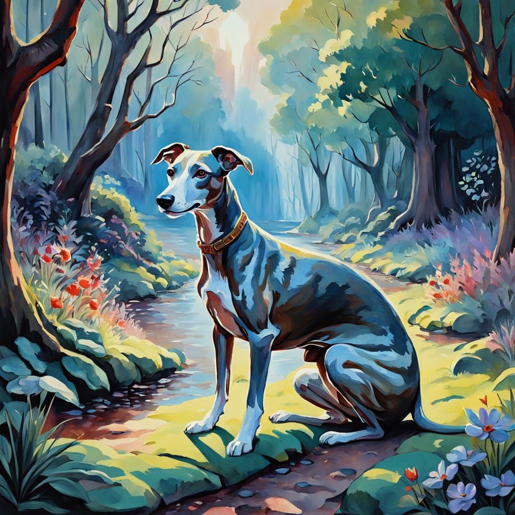 Whippet Resting on Book in Gouache Impressionism