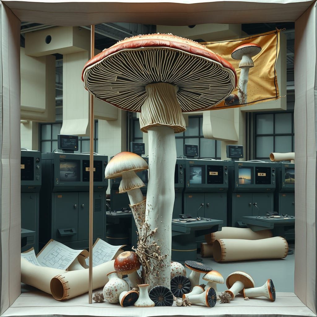 Surreal Modernist Mushroom Sculpture in Industrial Setting