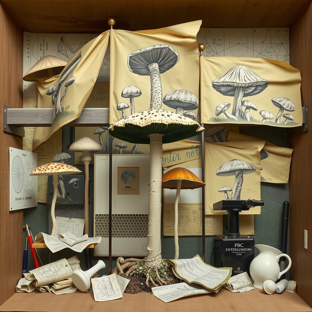 Surrealistic Modernist Metropolis with Giant Mushroom Sculpt...
