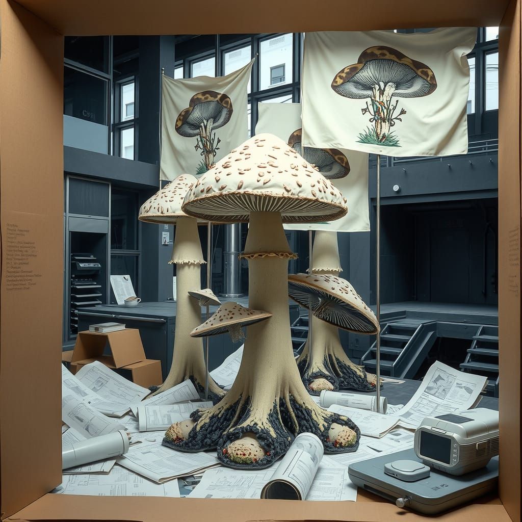 Surreal Modernist Landscape with Mushroom Sculpture in Bruta...
