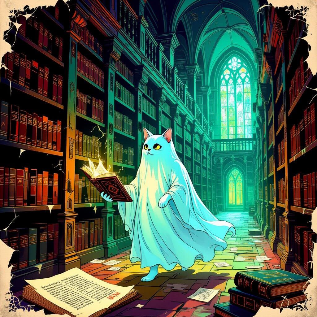 Ghostly Cat Librarian in Golden Age Illustration