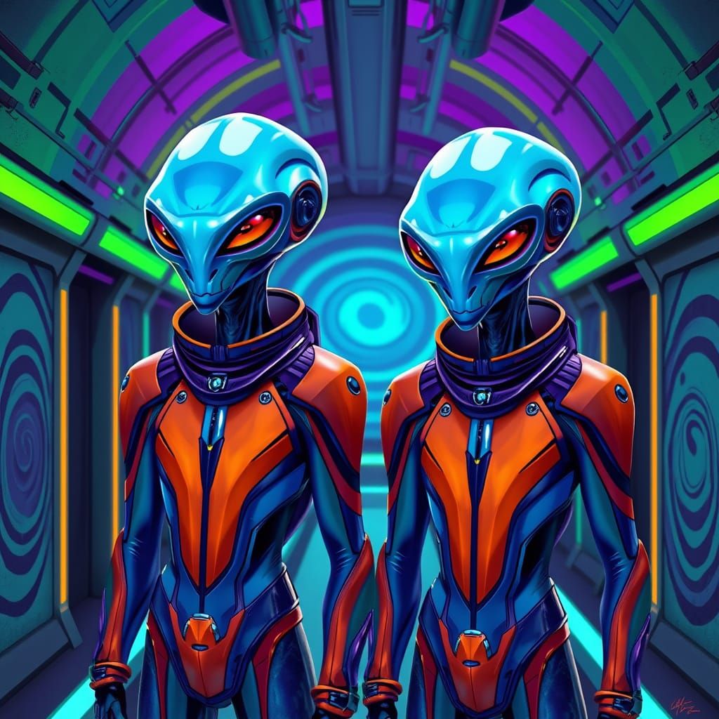 Aliens at Futuristic Spaceship Docking Station in Electric B...