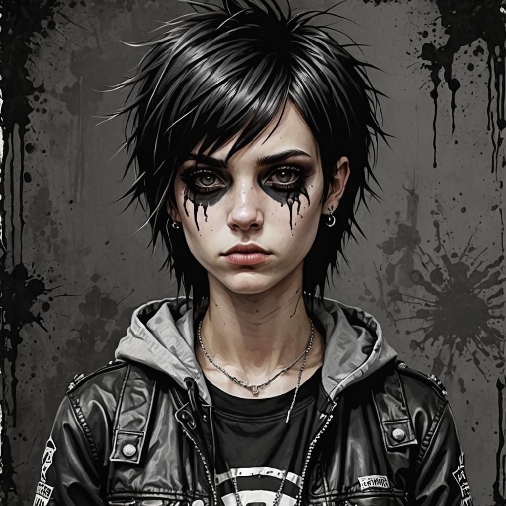 Monochrome Emo Punk Portrait in Realistic Style