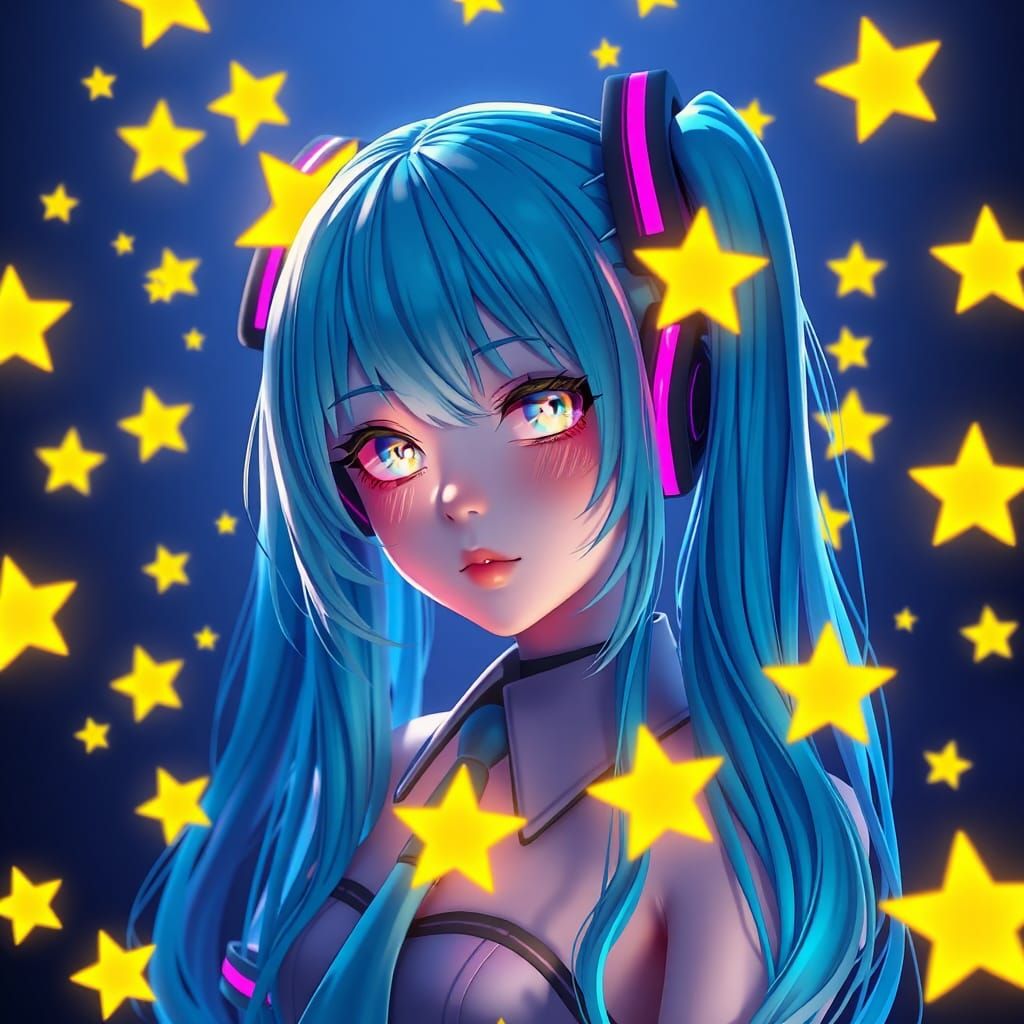 Miku Hatsune Surrounded by Neon Stars in 3D Anime Art