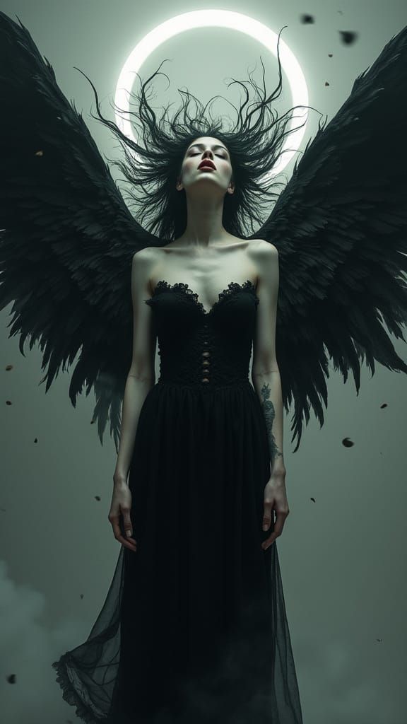 Gothic Angel in Stasis: Hyperrealistic Digital Art