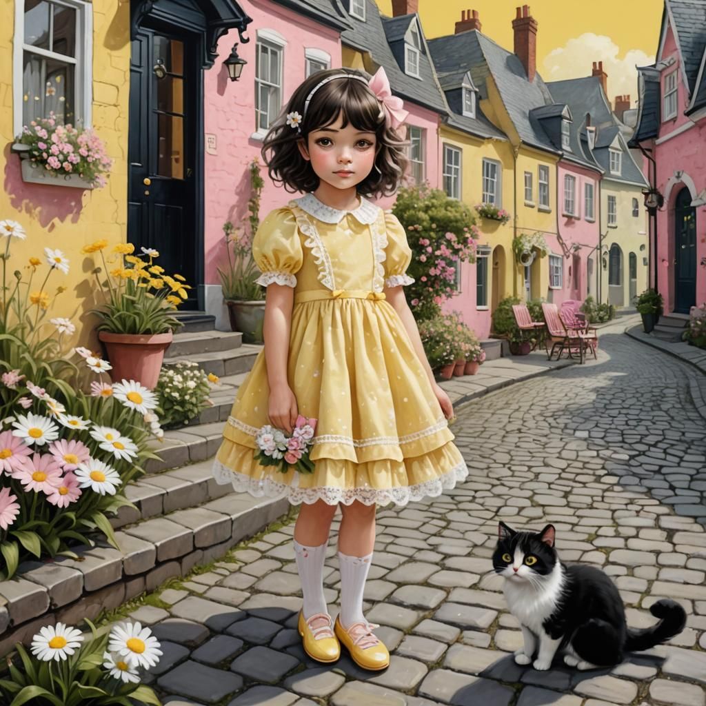 Cute Girl in Whimsical Village, Digital Painting